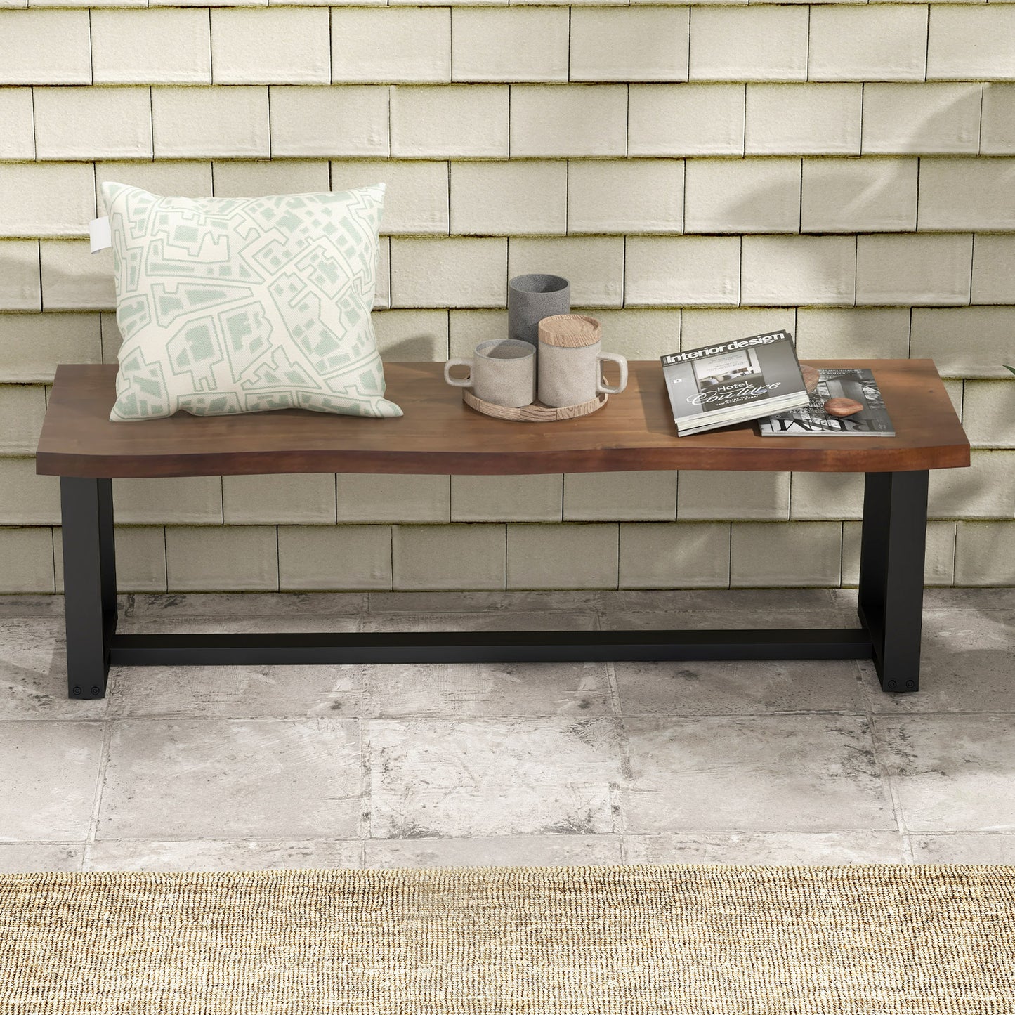 56.5 Inches Wood Dining Bench with Wavy Edge and Adjustable Footpads-Coffee