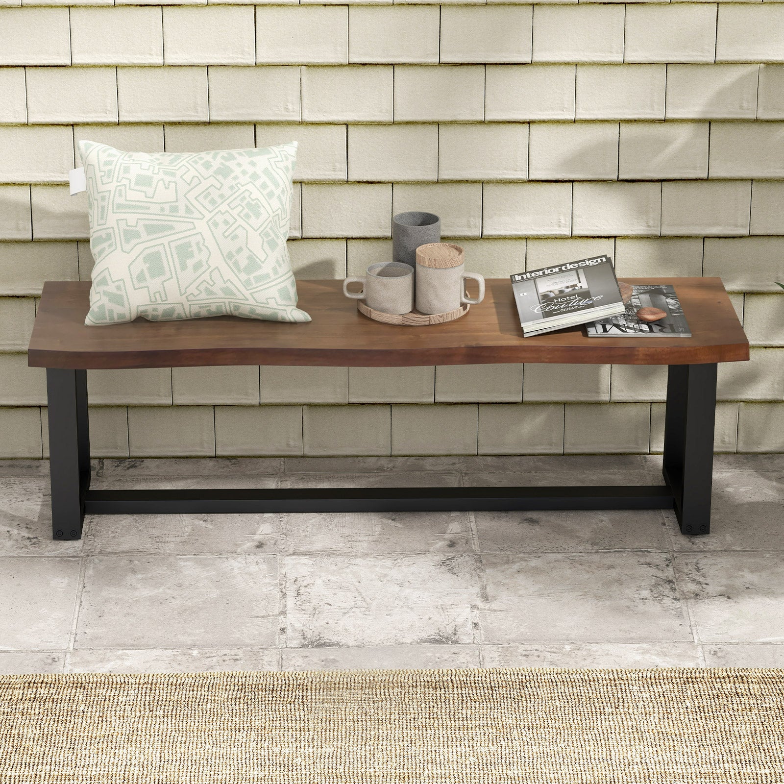 56.5 Inches Wood Dining Bench with Wavy Edge and Adjustable Footpads-Coffee