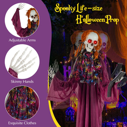 6 Feet Halloween Animatronic Standing Girl Holding Book with Sound-Activated Light-up Eyes and Moving Arms & Head