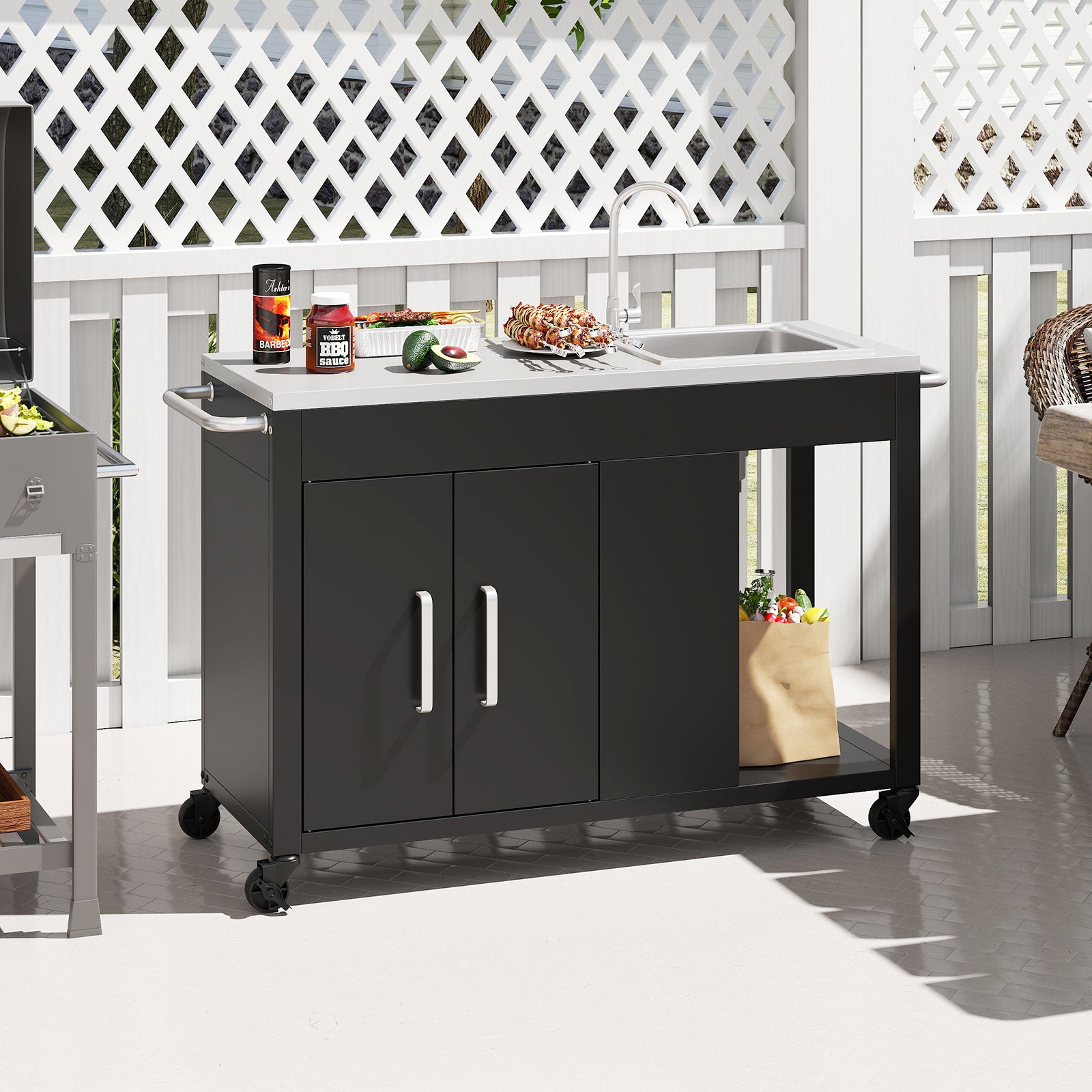 56 Inches Outdoor Grill Table with Sink and Stainless Steel Top-Black