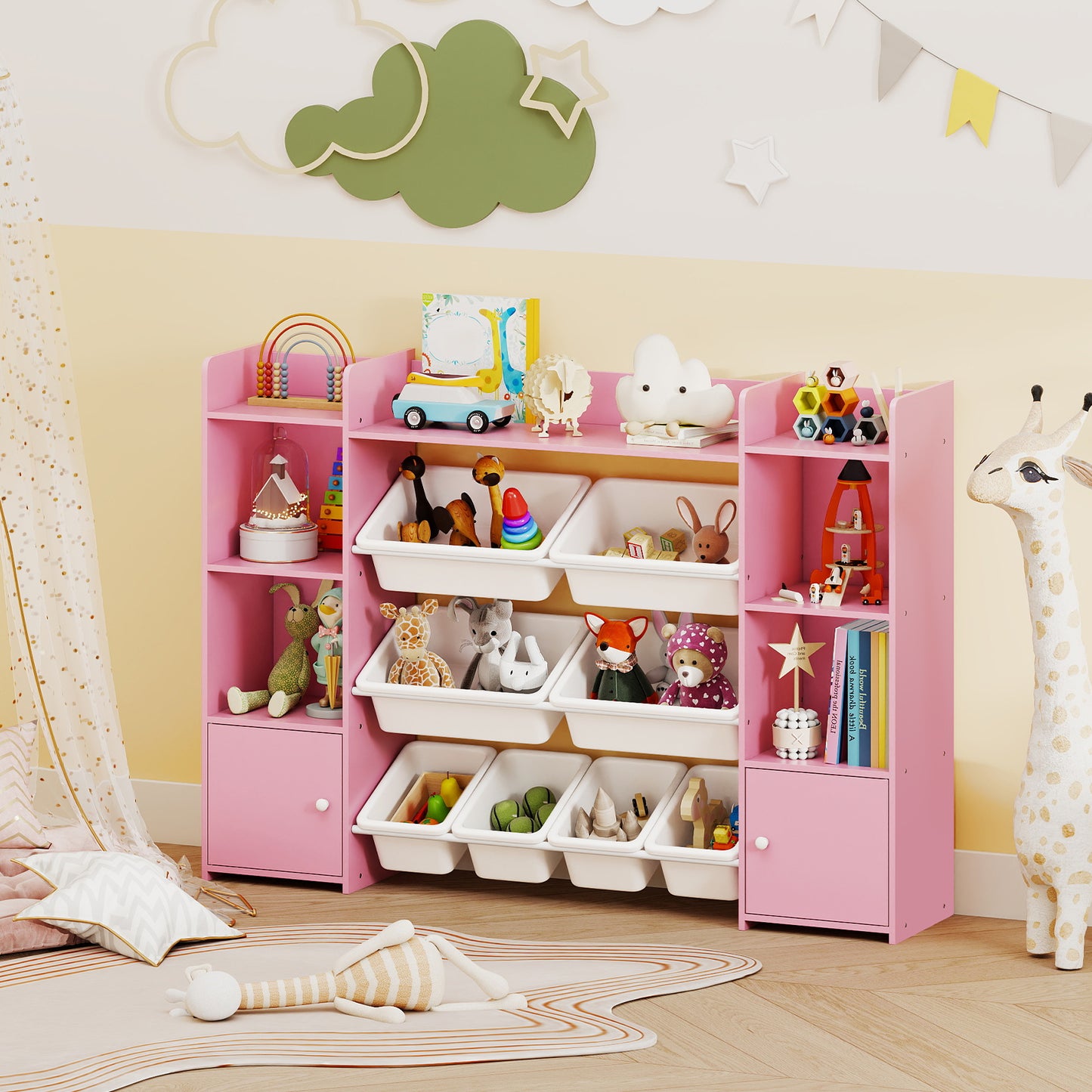 56 inch Large Toy Storage Organizer with 8 Removable Bins and Bookshelf-Pink