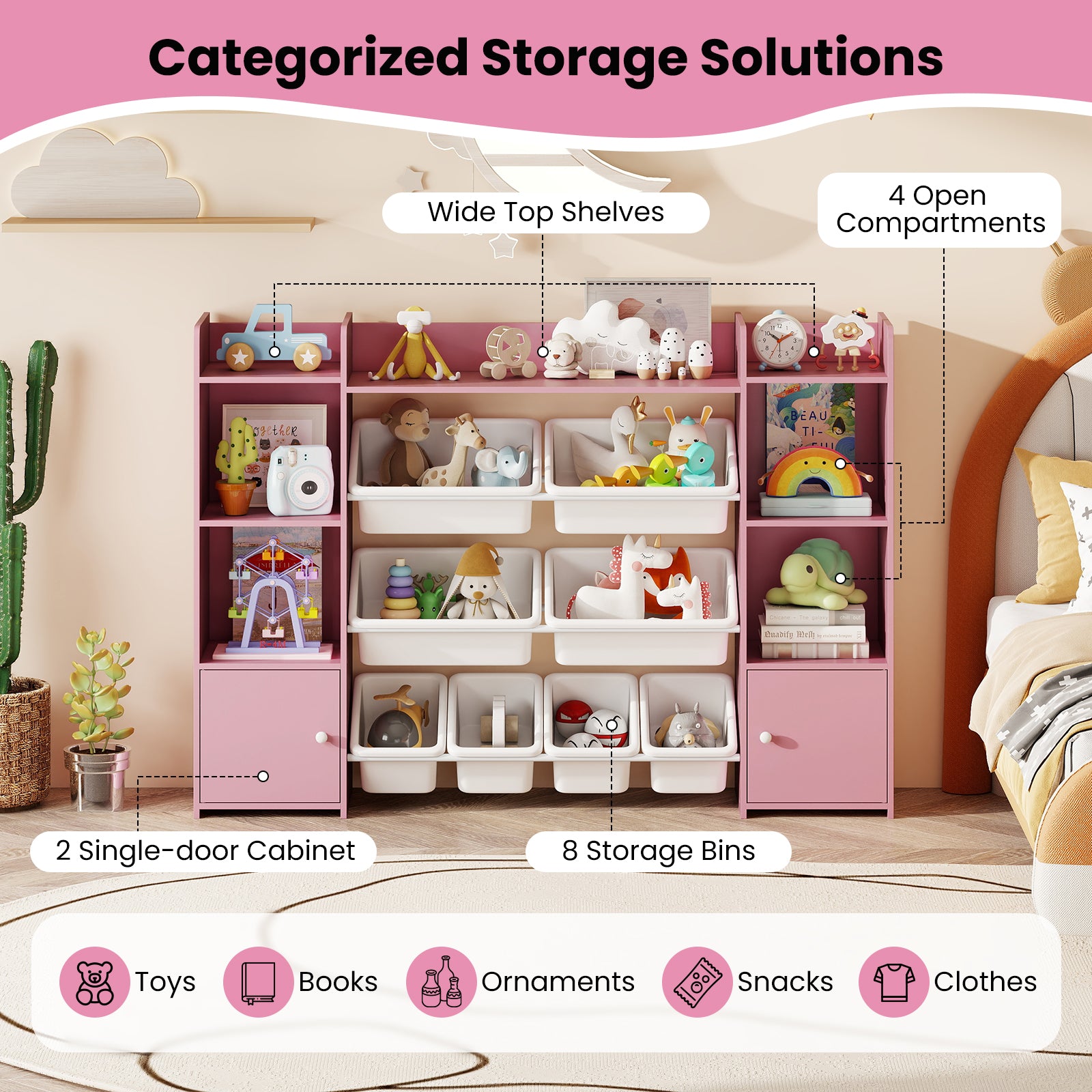 56 inch Large Toy Storage Organizer with 8 Removable Bins and Bookshelf-Pink