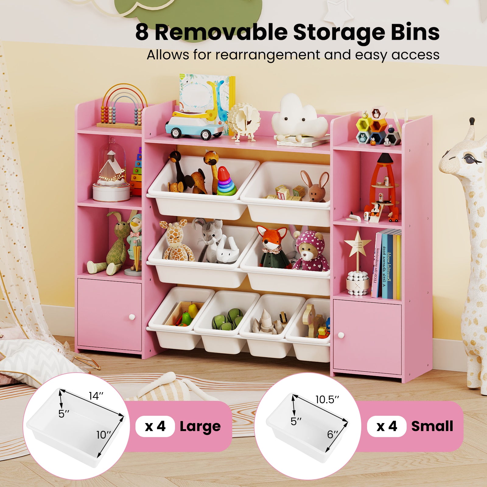 56 inch Large Toy Storage Organizer with 8 Removable Bins and Bookshelf-Pink