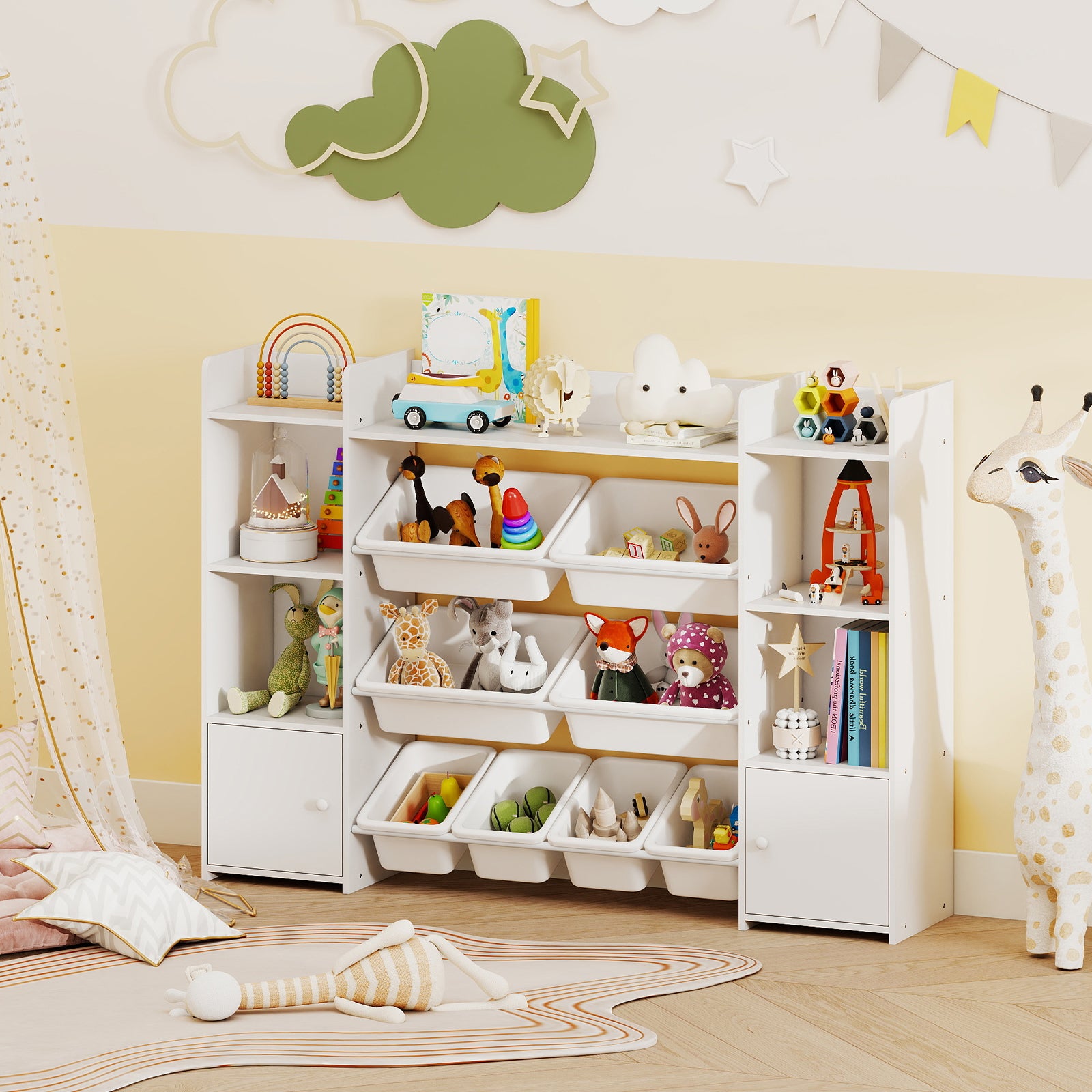 56 inch Large Toy Storage Organizer with 8 Removable Bins and Bookshelf-White
