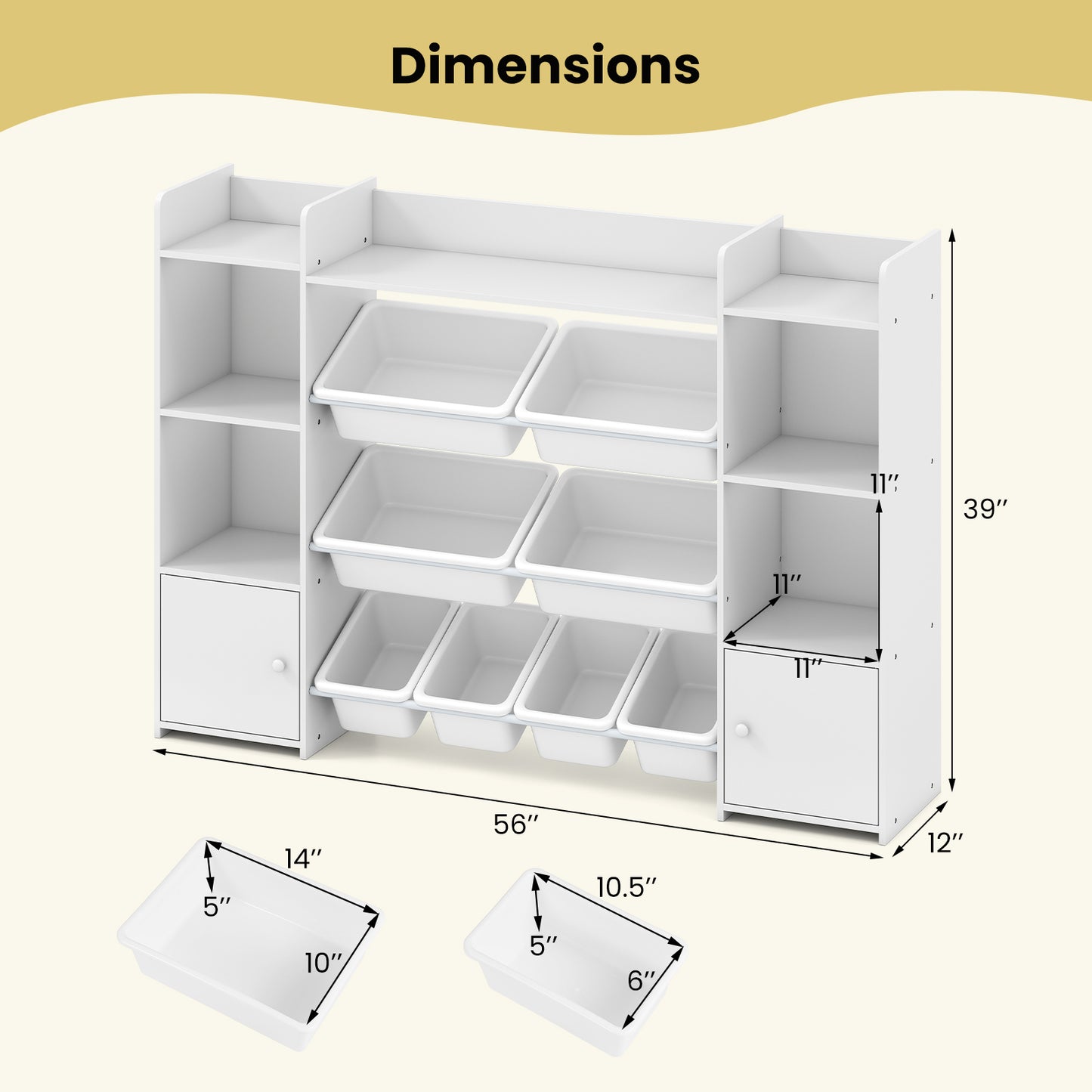 56 inch Large Toy Storage Organizer with 8 Removable Bins and Bookshelf-White