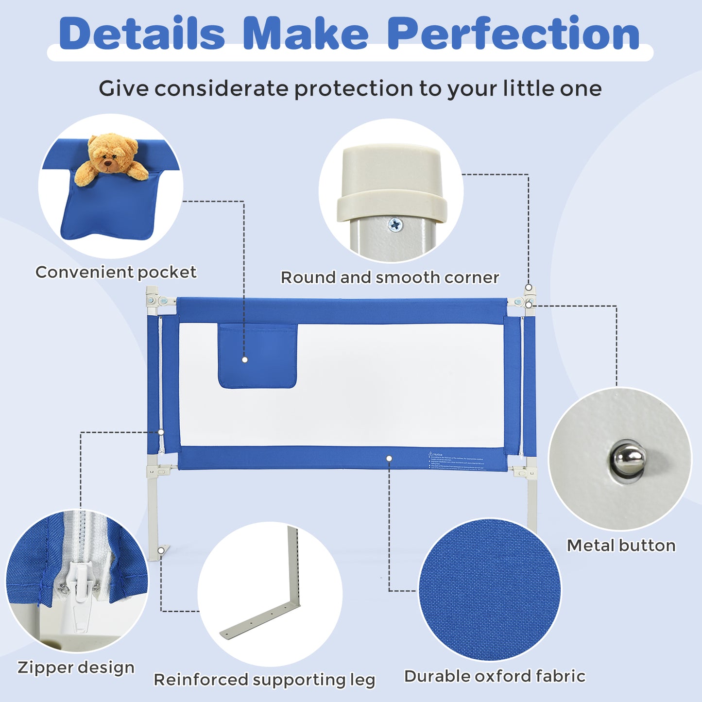 57 Inch Toddlers Vertical Lifting Baby Bed Rail Guard with Lock-Blue - Blue