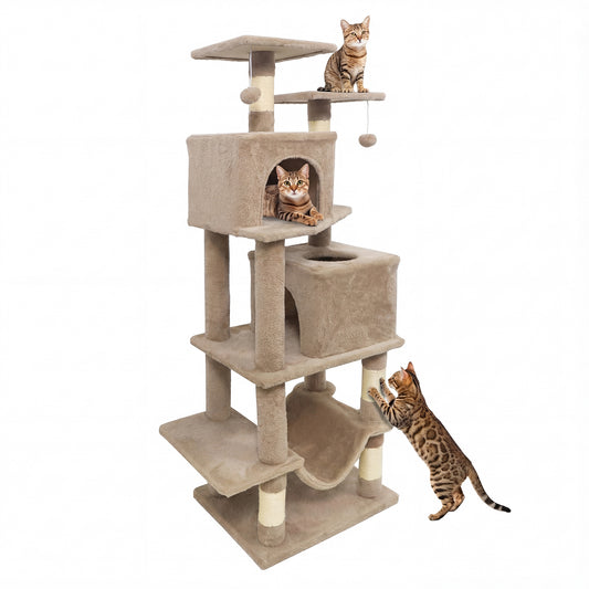 57 Inch Cat Tree with Dual Condos and Hammock and 2 Dangling Balls