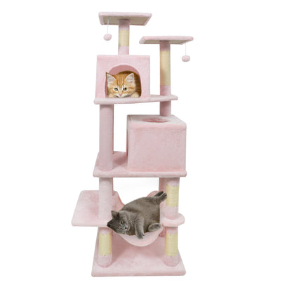 57 Inch Cat Tree with Dual Condos and Hammock and 2 Dangling Balls