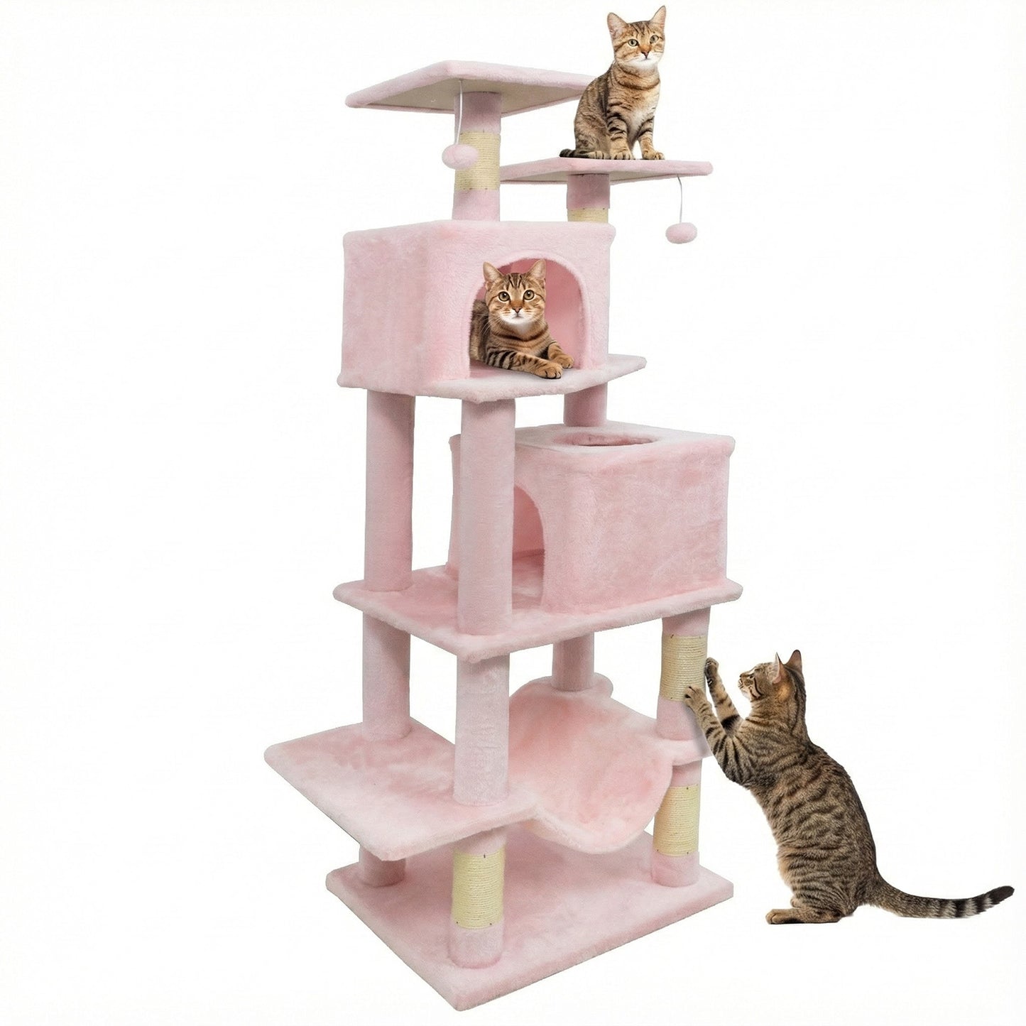 57 Inch Cat Tree with Dual Condos and Hammock and 2 Dangling Balls