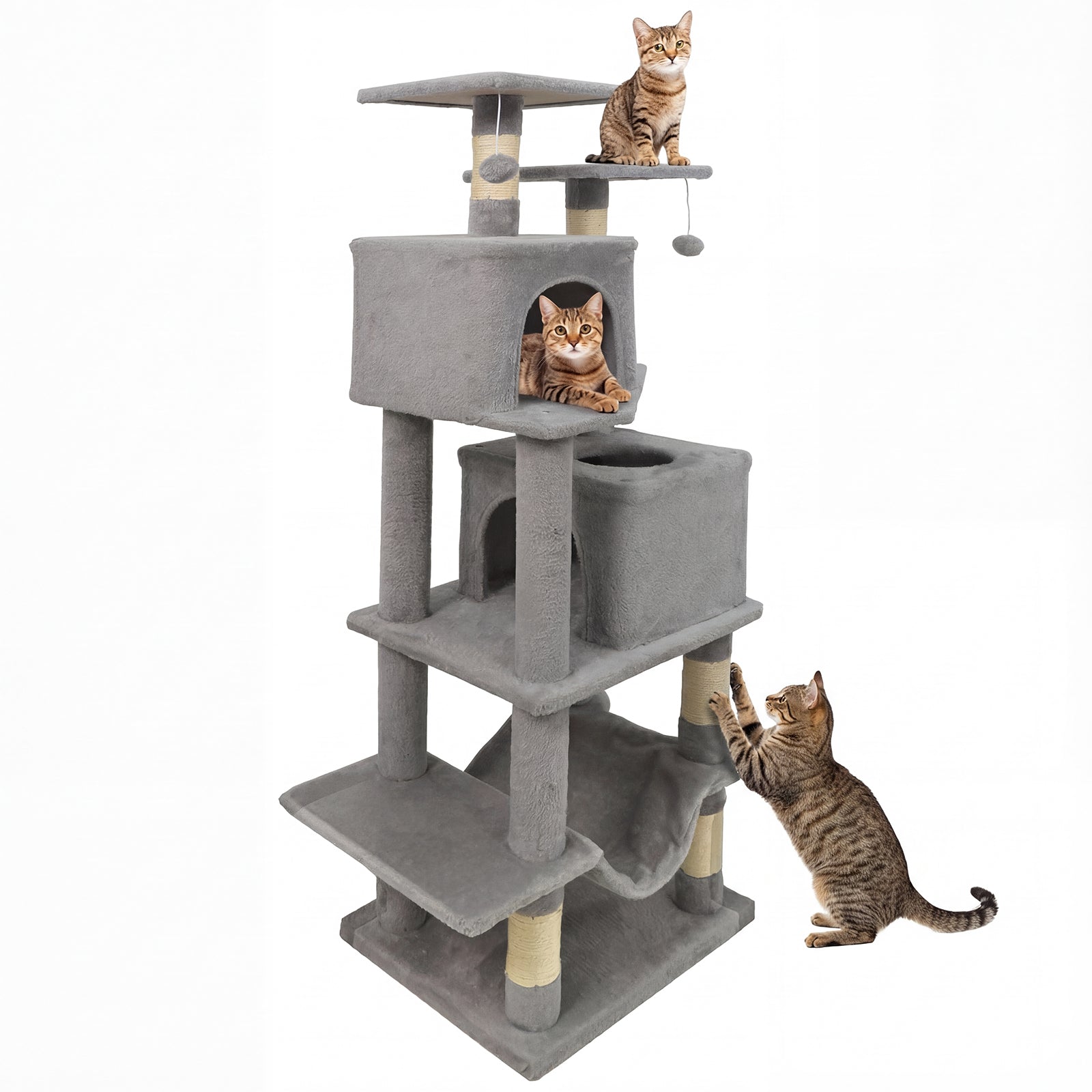 57 Inch Cat Tree with Dual Condos and Hammock and 2 Dangling Balls