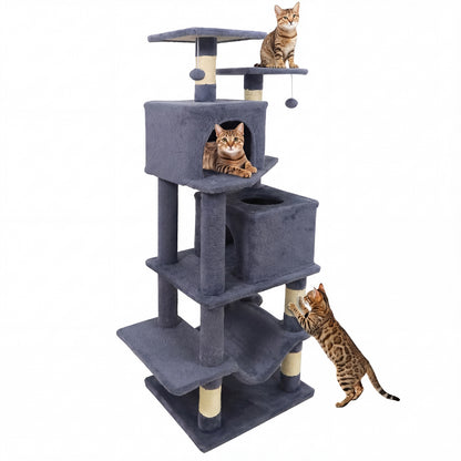 57 Inch Cat Tree with Dual Condos and Hammock and 2 Dangling Balls
