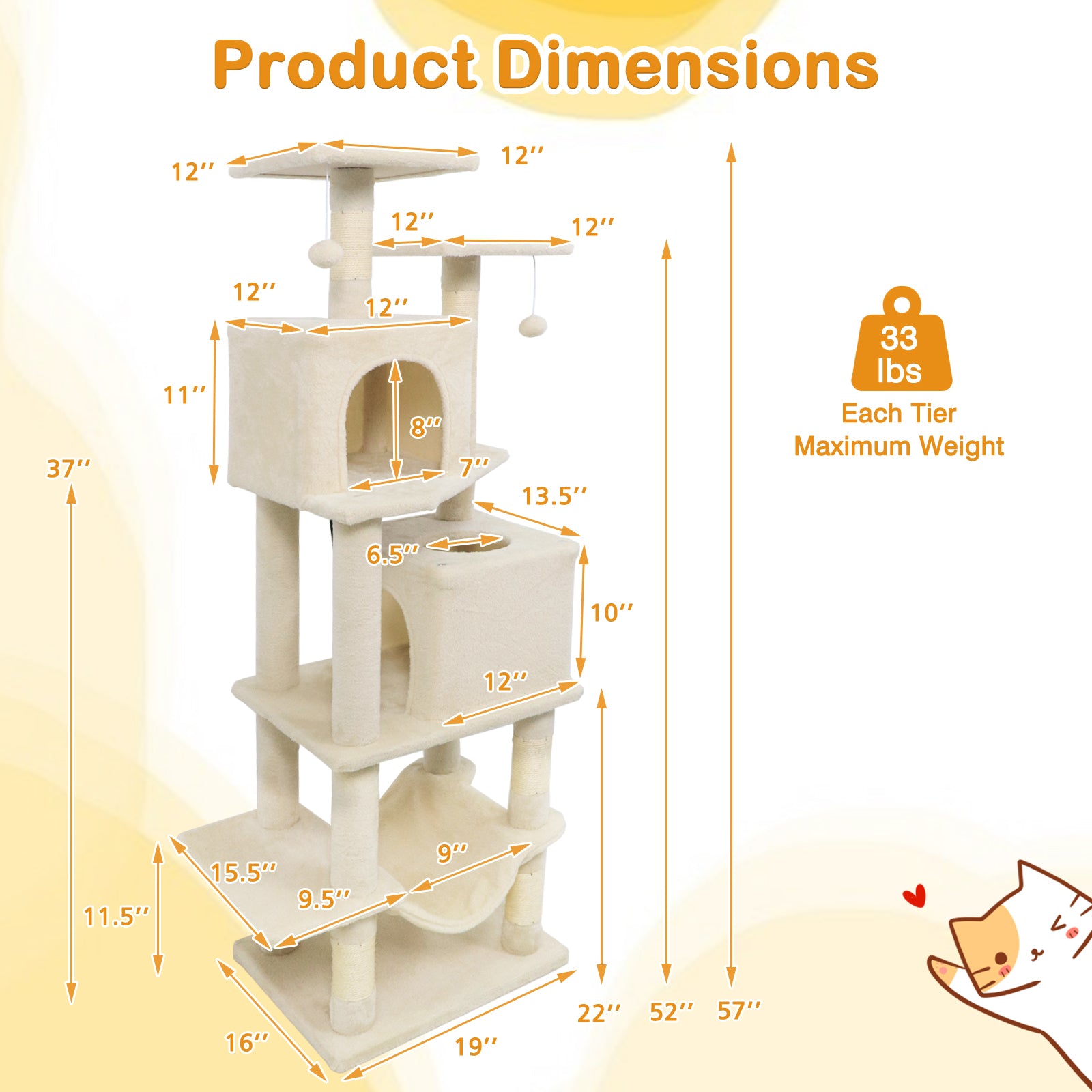 57 Inch Cat Tree with Dual Condos and Hammock and 2 Dangling Balls