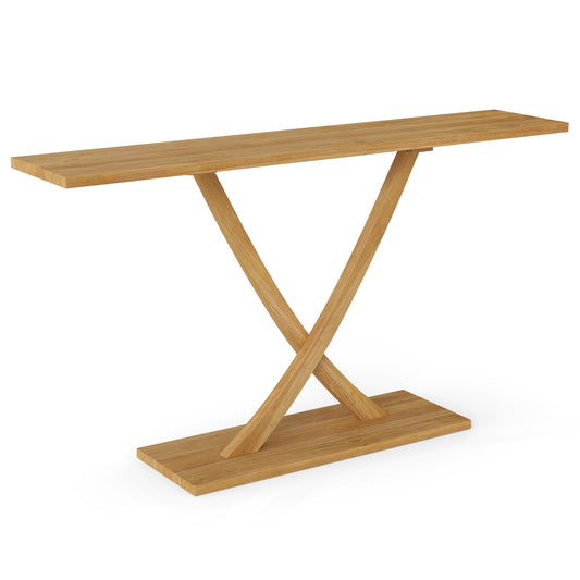 57 Inch Solid Wood Console Table with Teak Wood Frame and Geometric Design