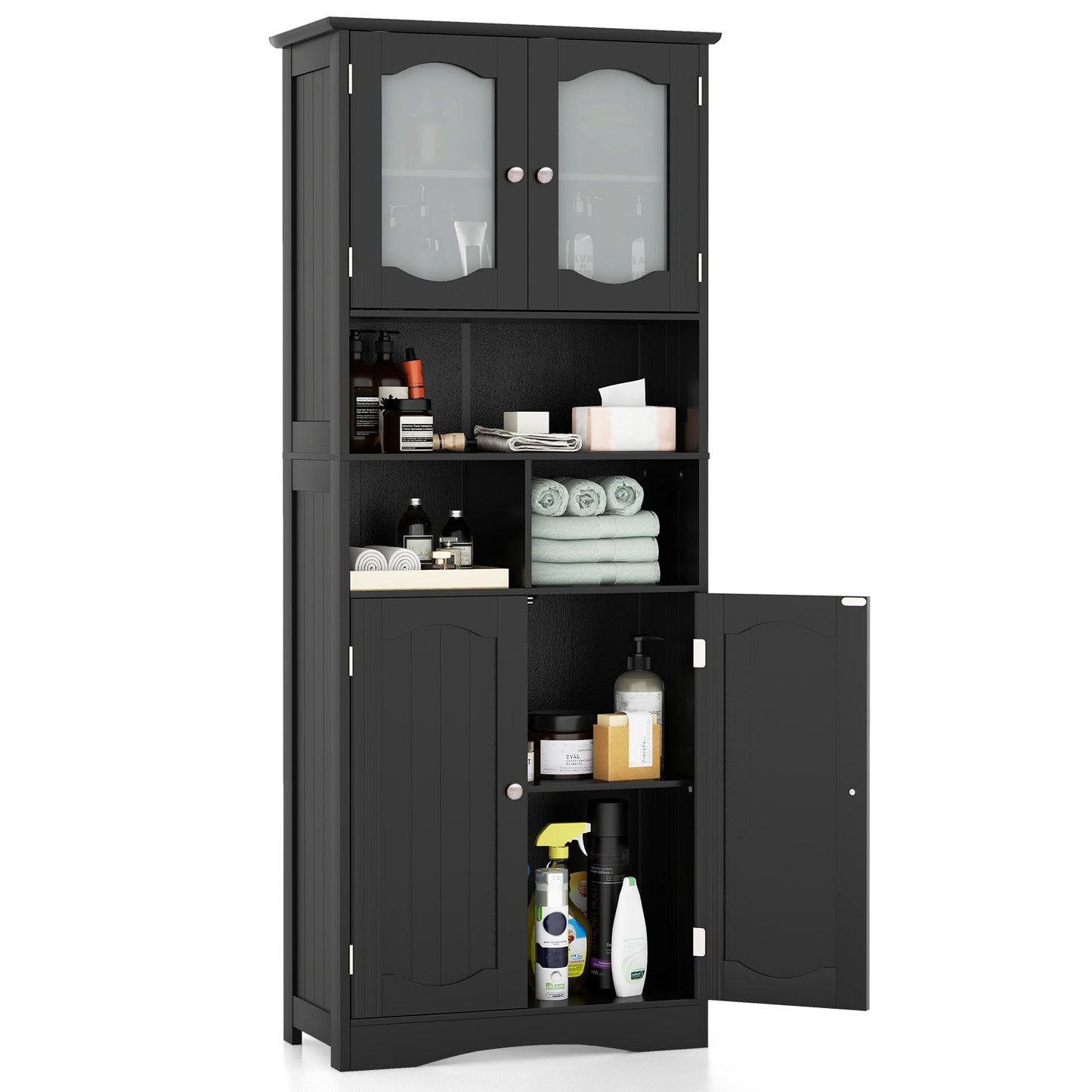 58.5 Inch Freestanding Linen Bathroom Storage Cabinet with Frost Glass Doors