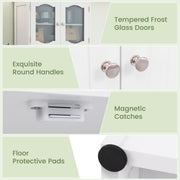 58.5 Inch Freestanding Linen Bathroom Storage Cabinet with Frost Glass Doors-White