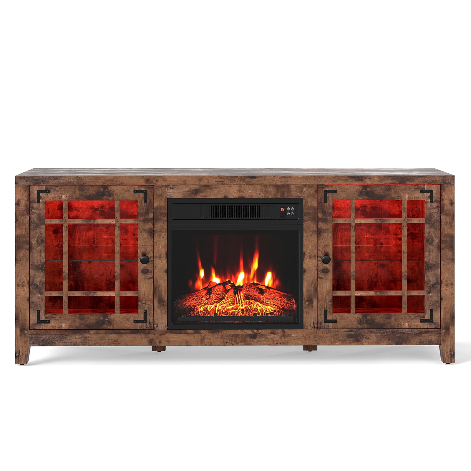 58" Fireplace TV Stand with LED Lights and 18" Electric Fireplace-Rustic Brown