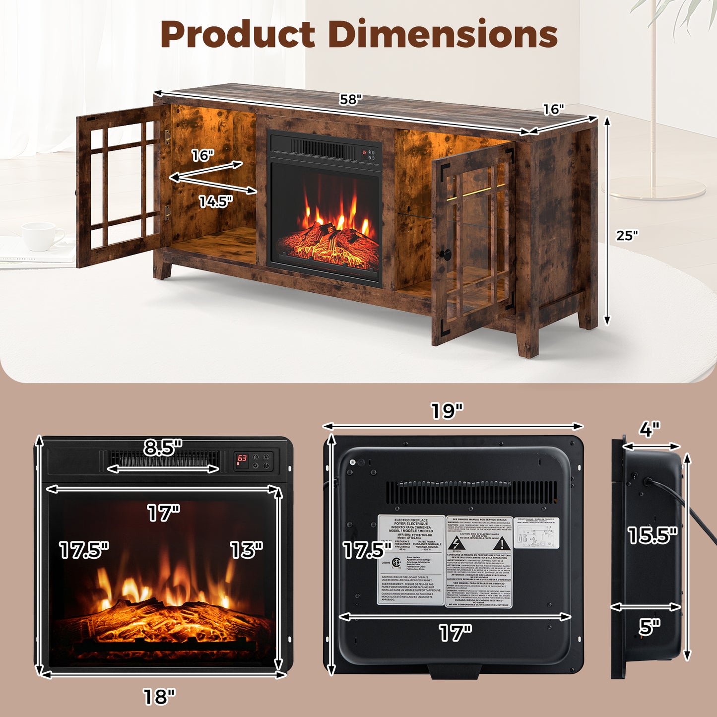 58" Fireplace TV Stand with LED Lights and 18" Electric Fireplace-Rustic Brown