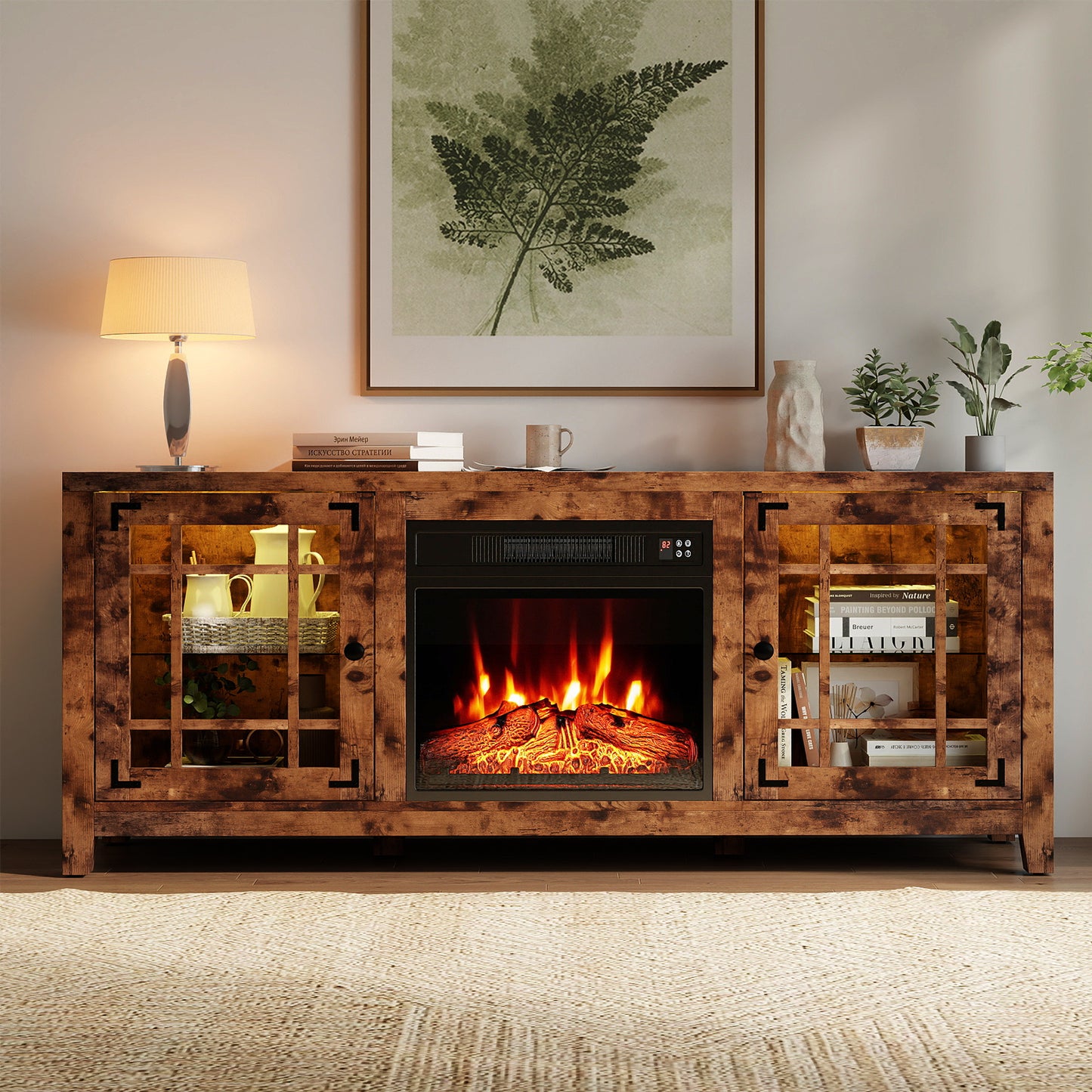 58" Fireplace TV Stand with LED Lights and 18" Electric Fireplace-Rustic Brown