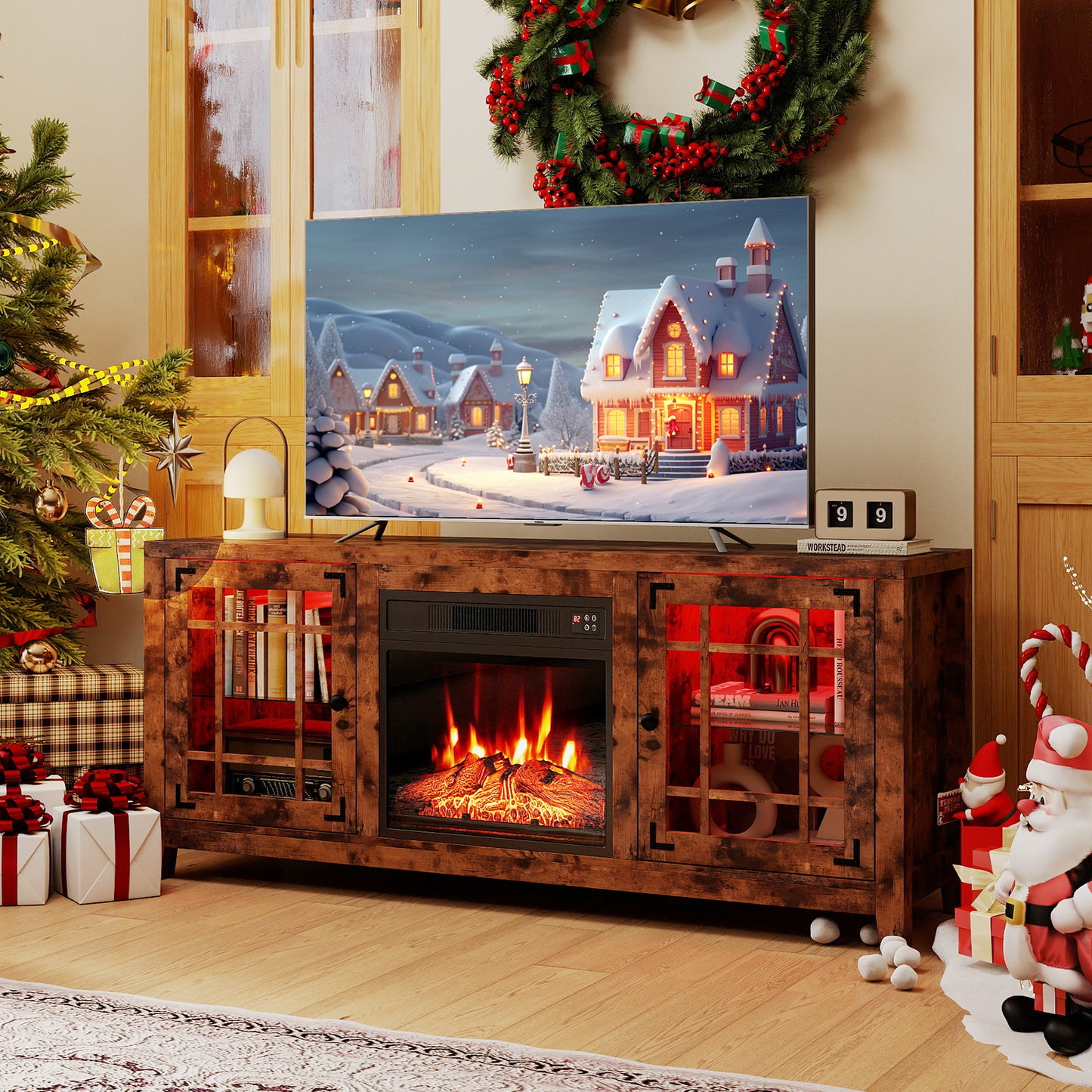 58" Fireplace TV Stand with LED Lights and 18" Electric Fireplace-Rustic Brown