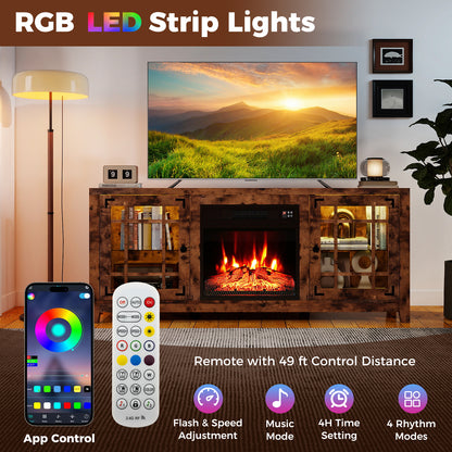 58" Fireplace TV Stand with LED Lights and 18" Electric Fireplace-Rustic Brown