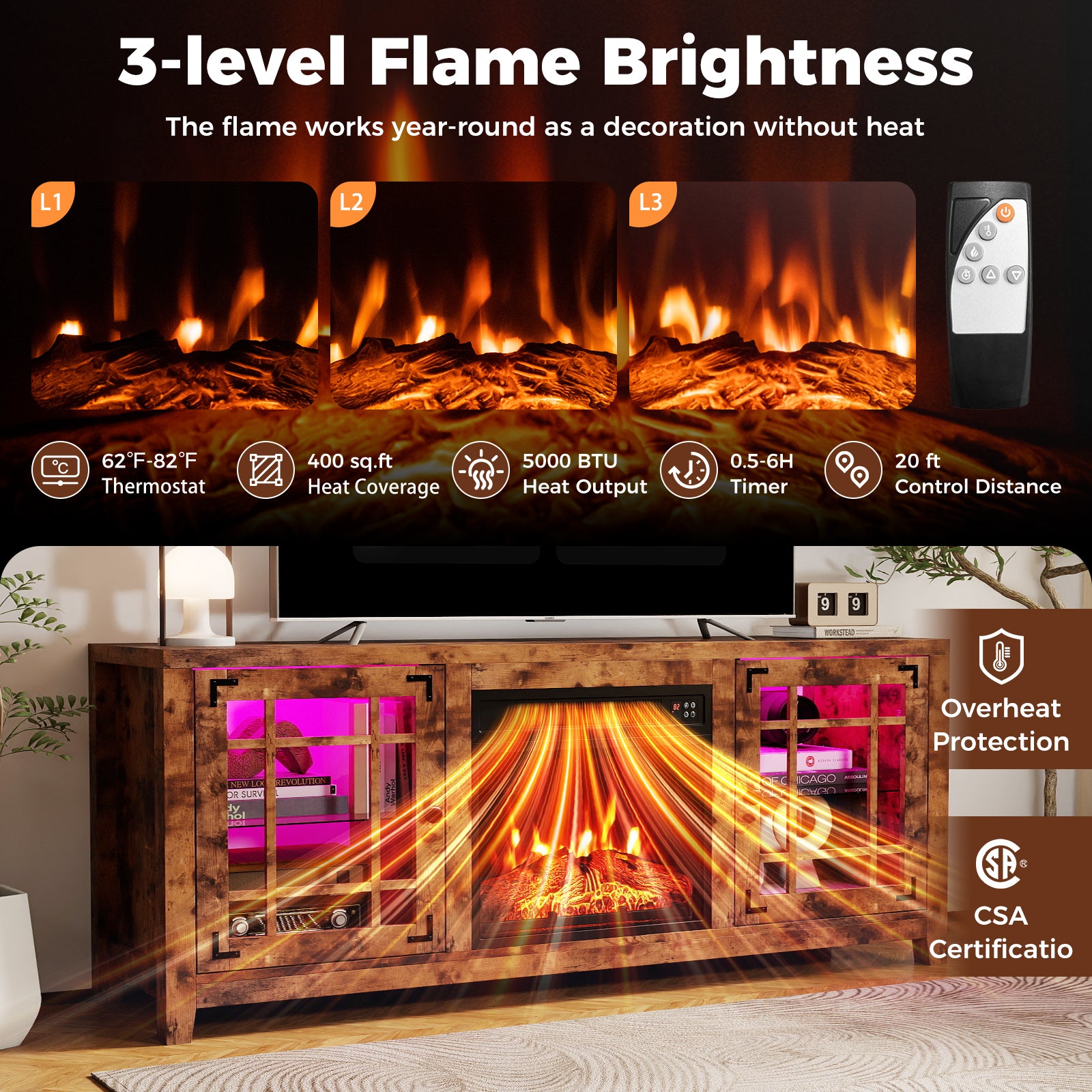 58" Fireplace TV Stand with LED Lights and 18" Electric Fireplace-Rustic Brown