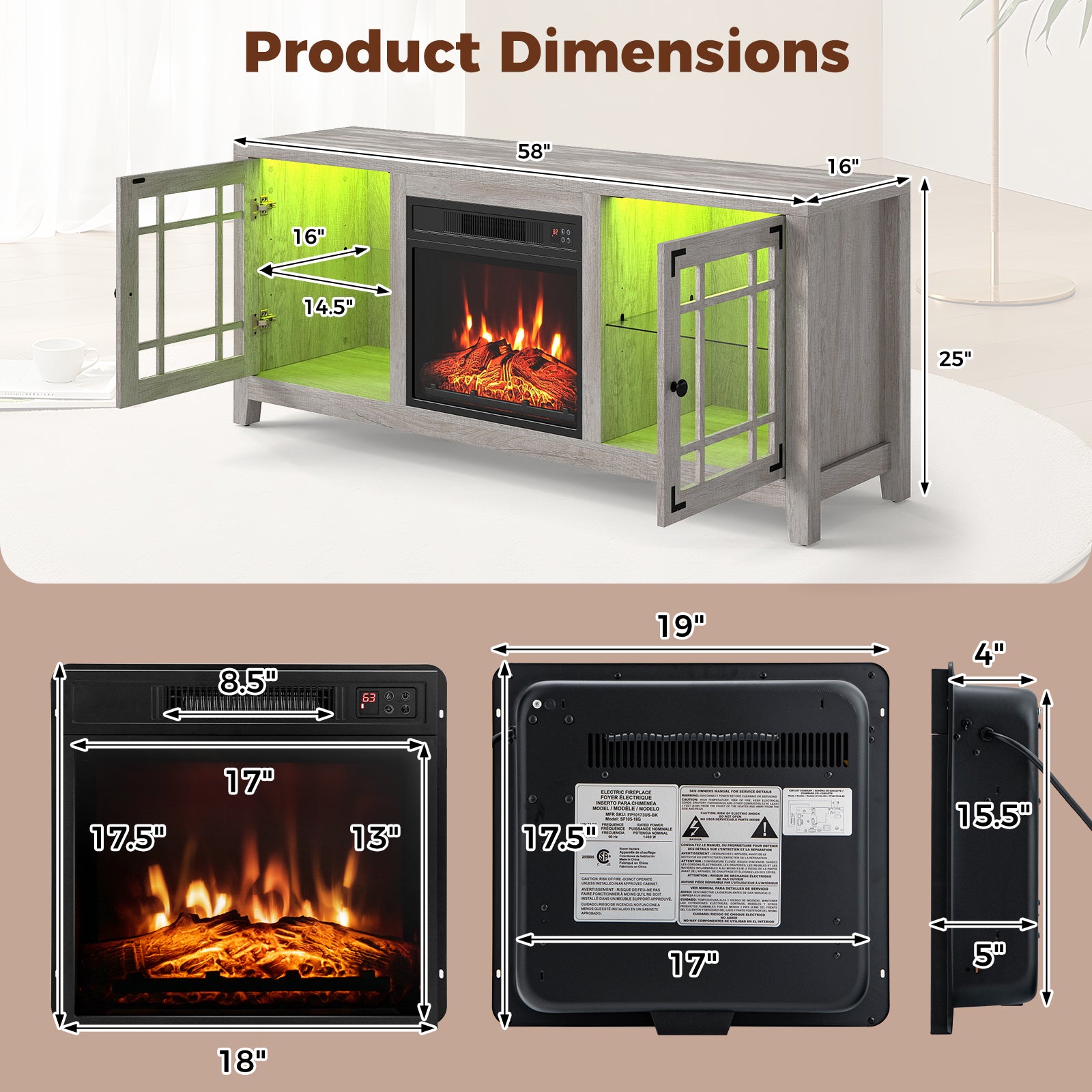 58" Fireplace TV Stand with LED Lights and 18" Electric Fireplace-Natural