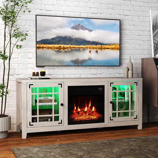 58" Fireplace TV Stand with LED Lights and 18" Electric Fireplace-Natural