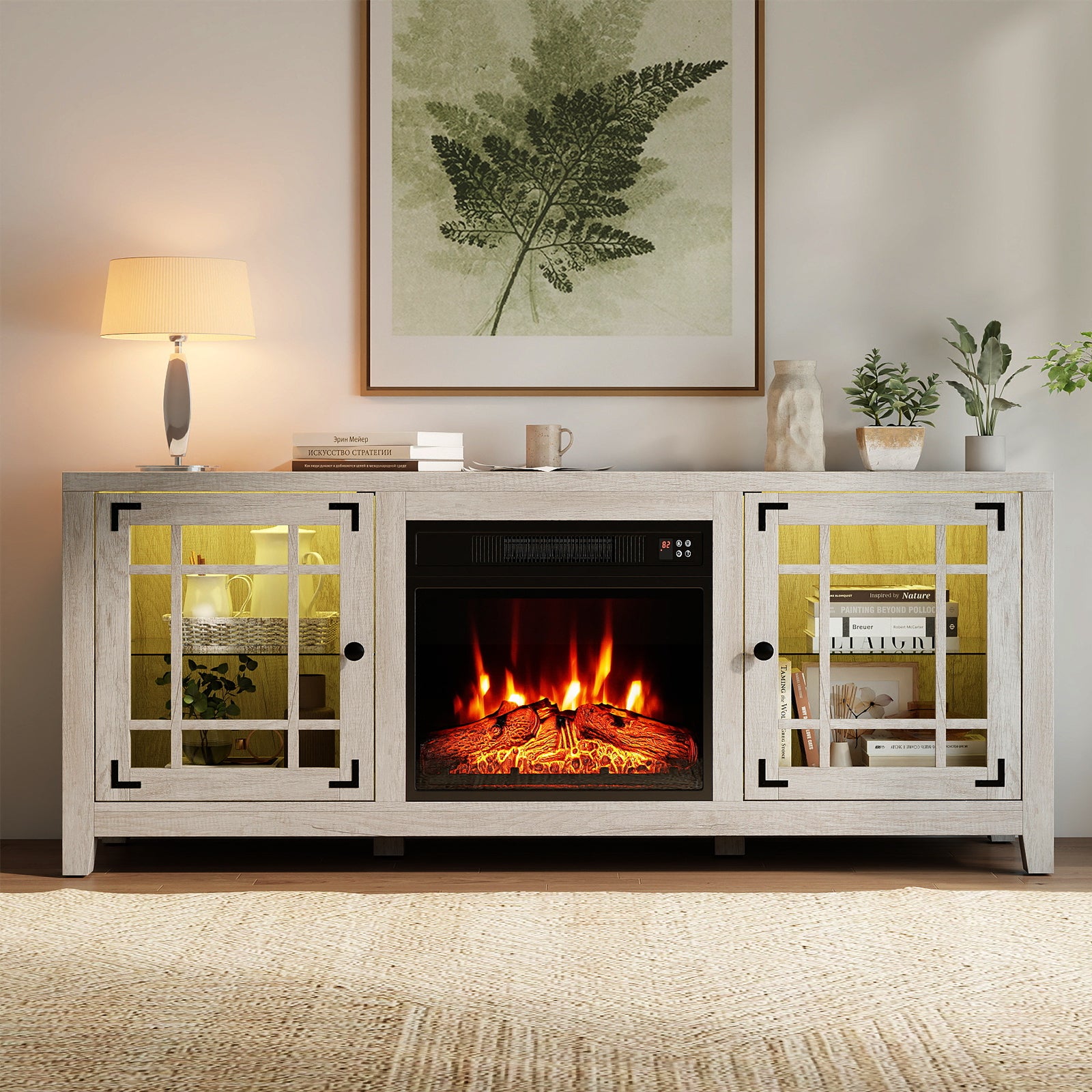 58" Fireplace TV Stand with LED Lights and 18" Electric Fireplace-Natural