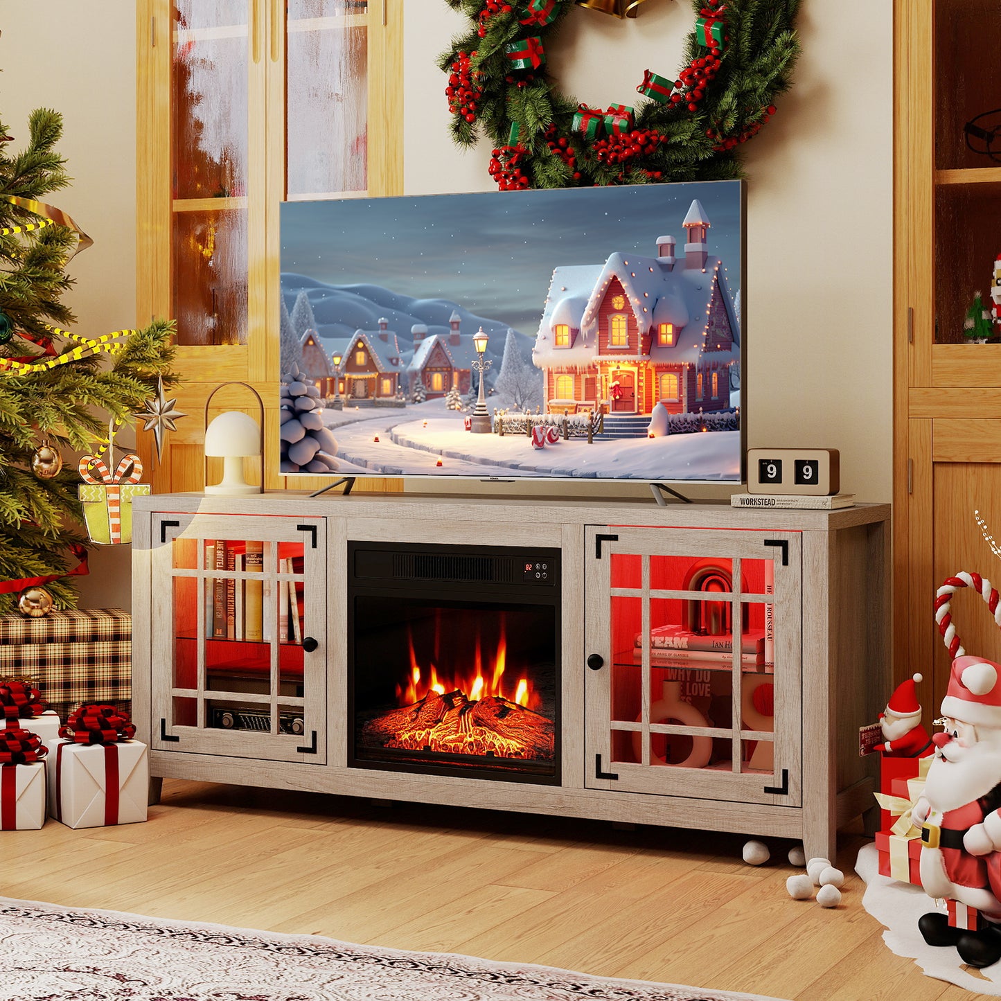 58" Fireplace TV Stand with LED Lights and 18" Electric Fireplace-Natural