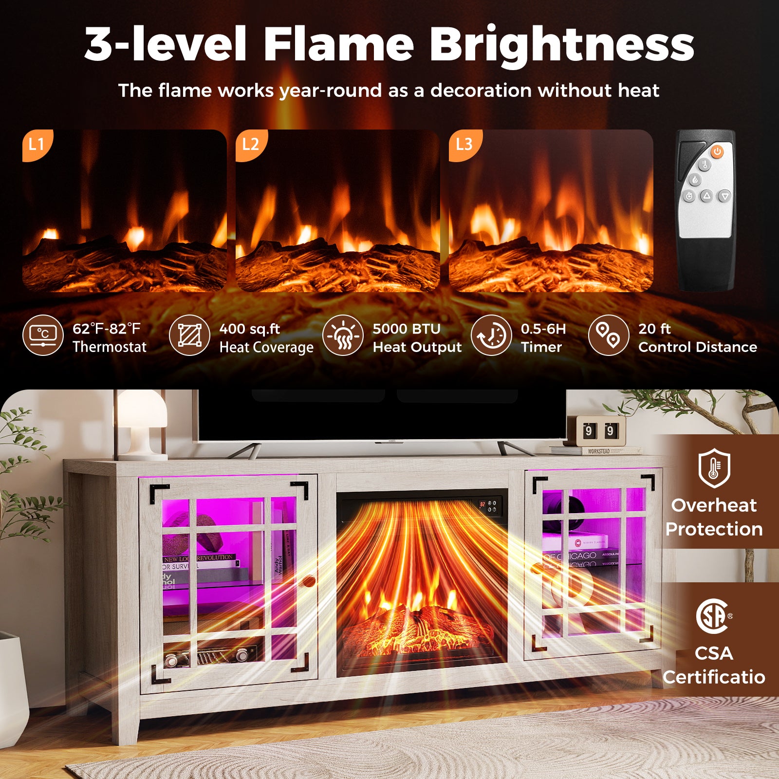 58" Fireplace TV Stand with LED Lights and 18" Electric Fireplace-Natural