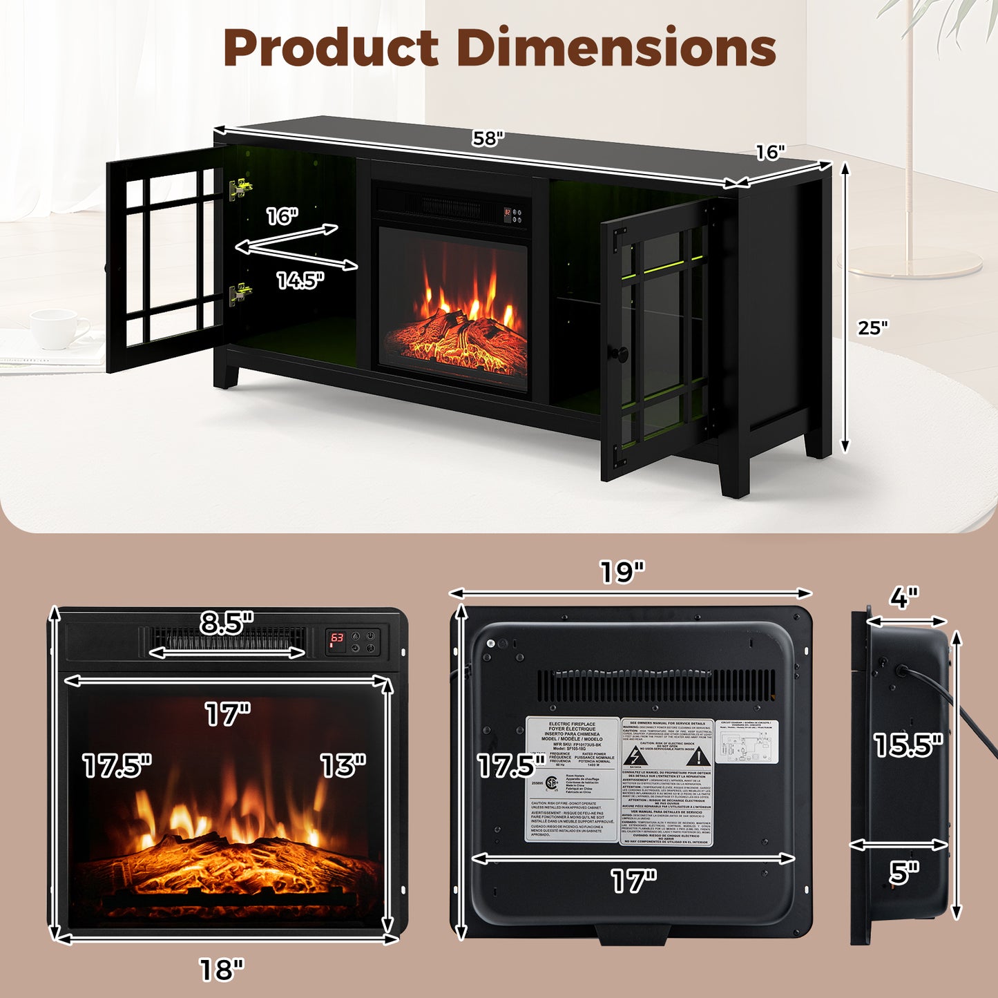 58" Fireplace TV Stand with LED Lights and 18" Electric Fireplace-Black