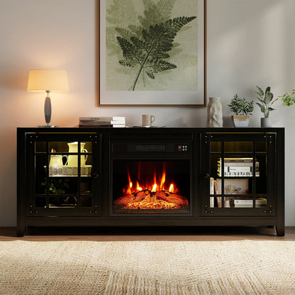 58" Fireplace TV Stand with LED Lights and 18" Electric Fireplace-Black