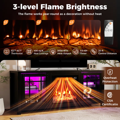 58" Fireplace TV Stand with LED Lights and 18" Electric Fireplace-Black