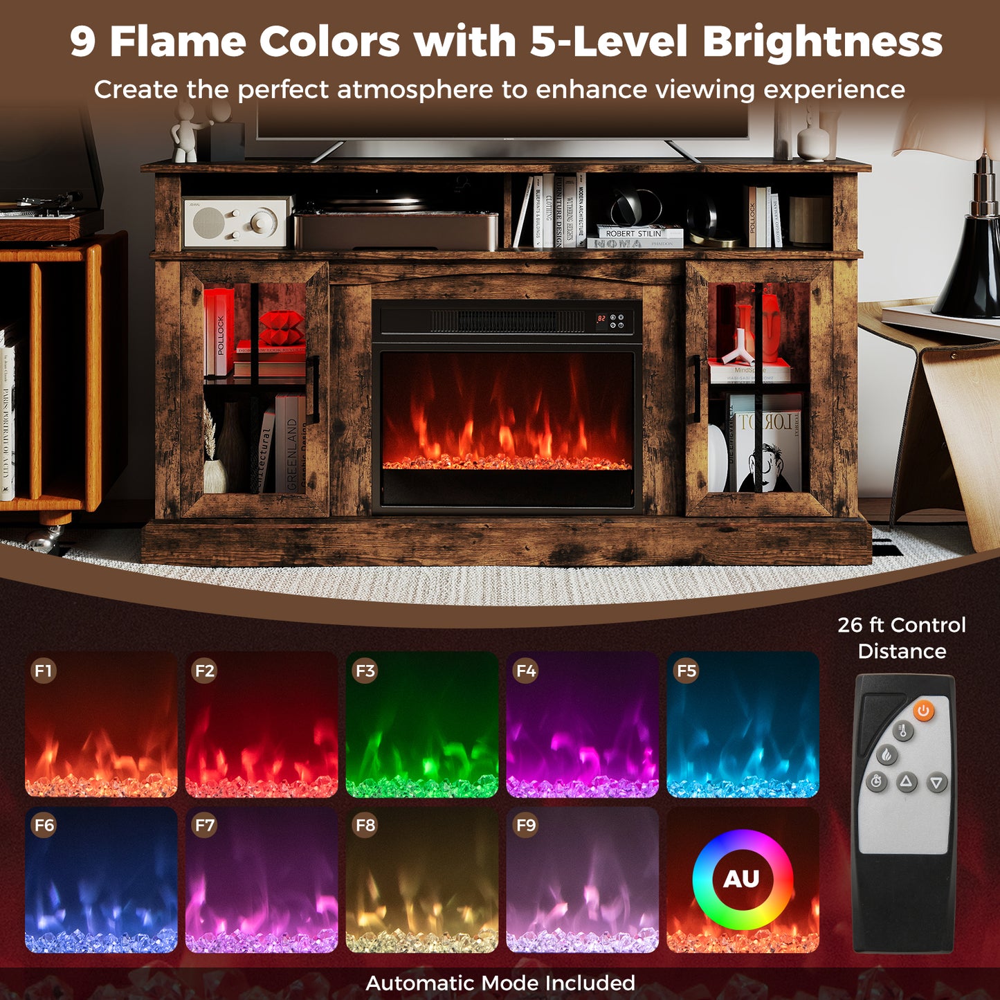 58 Inch Fireplace TV Stand with LED Lights with Storage Cabinets and Glass Doors-Rustic Brown