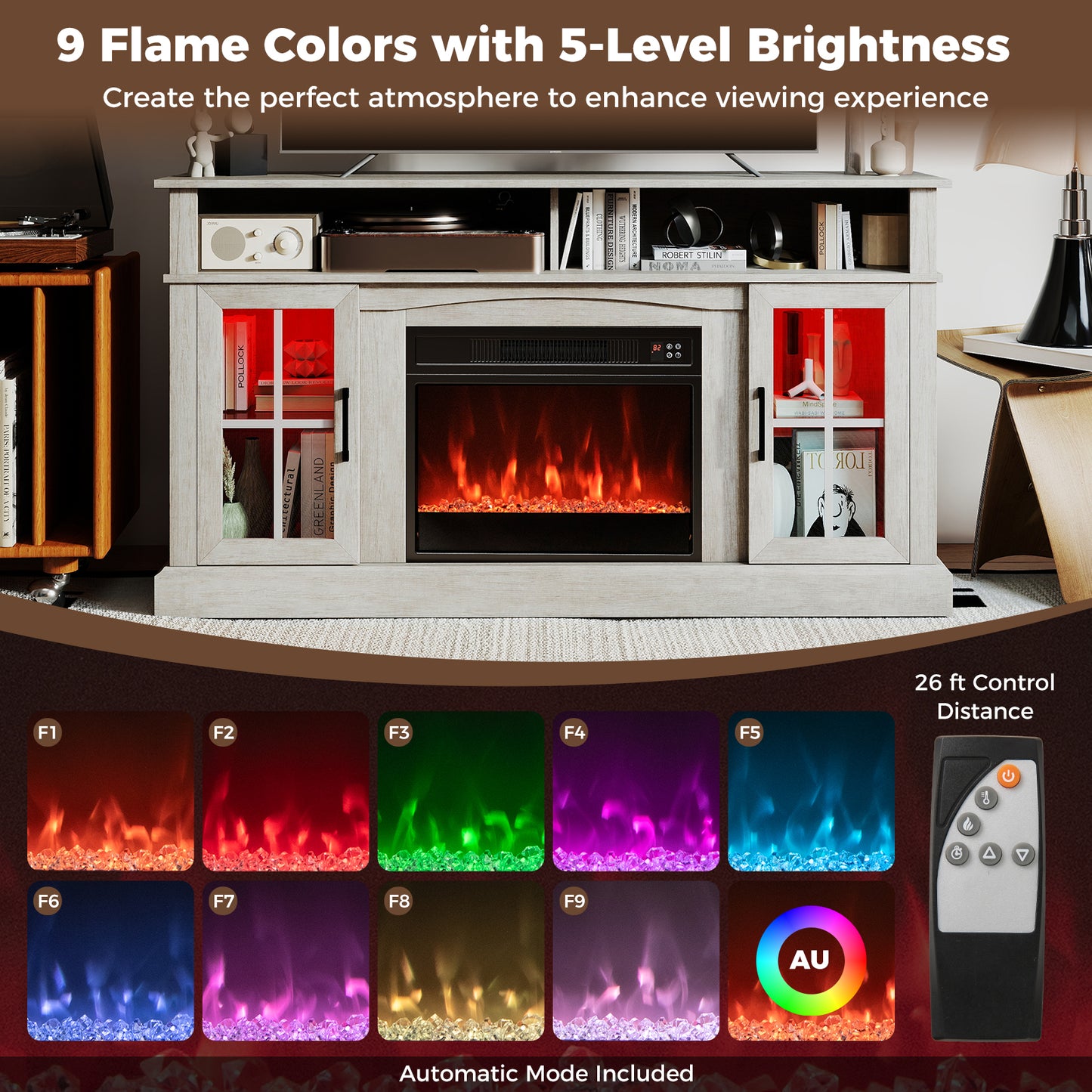 58 Inch Fireplace TV Stand with LED Lights with Storage Cabinets and Glass Doors-Gray
