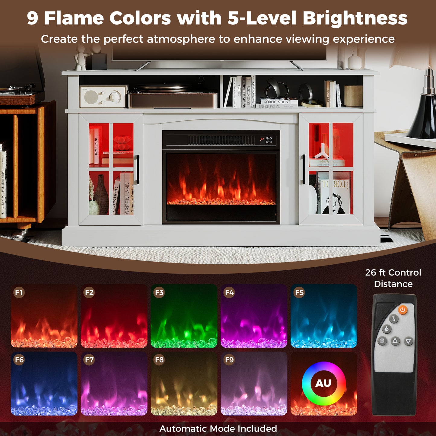 58 Inch Fireplace TV Stand with LED Lights with Storage Cabinets and Glass Doors-White