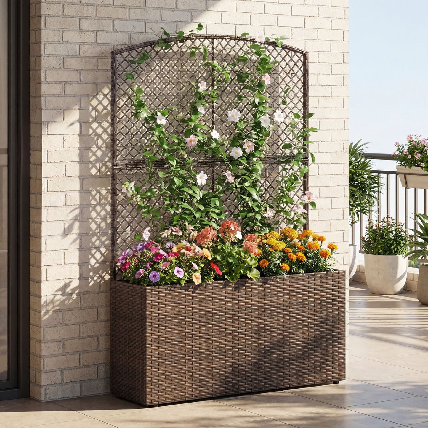 58 Inch Raised Garden Bed with Trellis and Wicker Planter Box-Brown