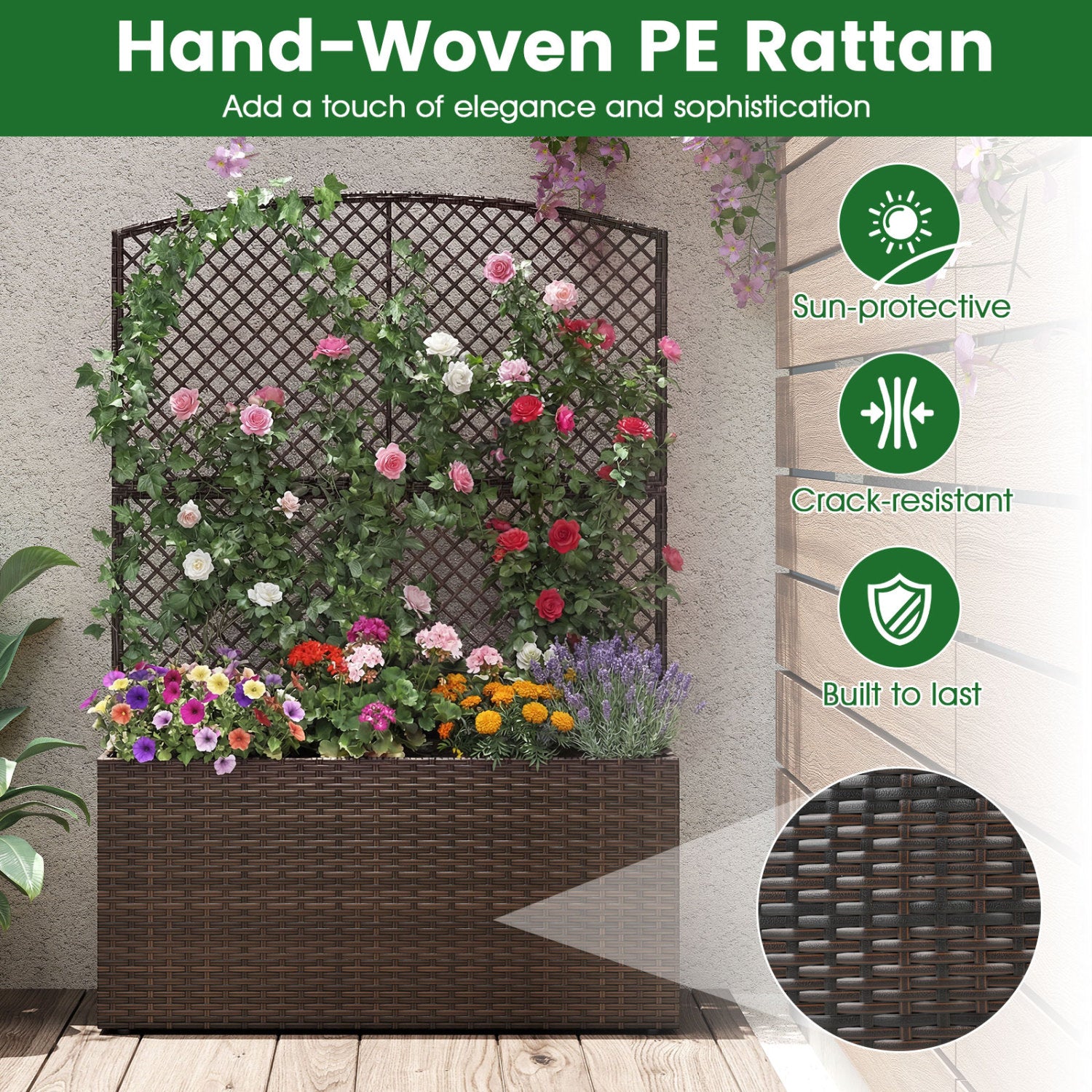 58 Inch Raised Garden Bed with Trellis and Wicker Planter Box-Brown