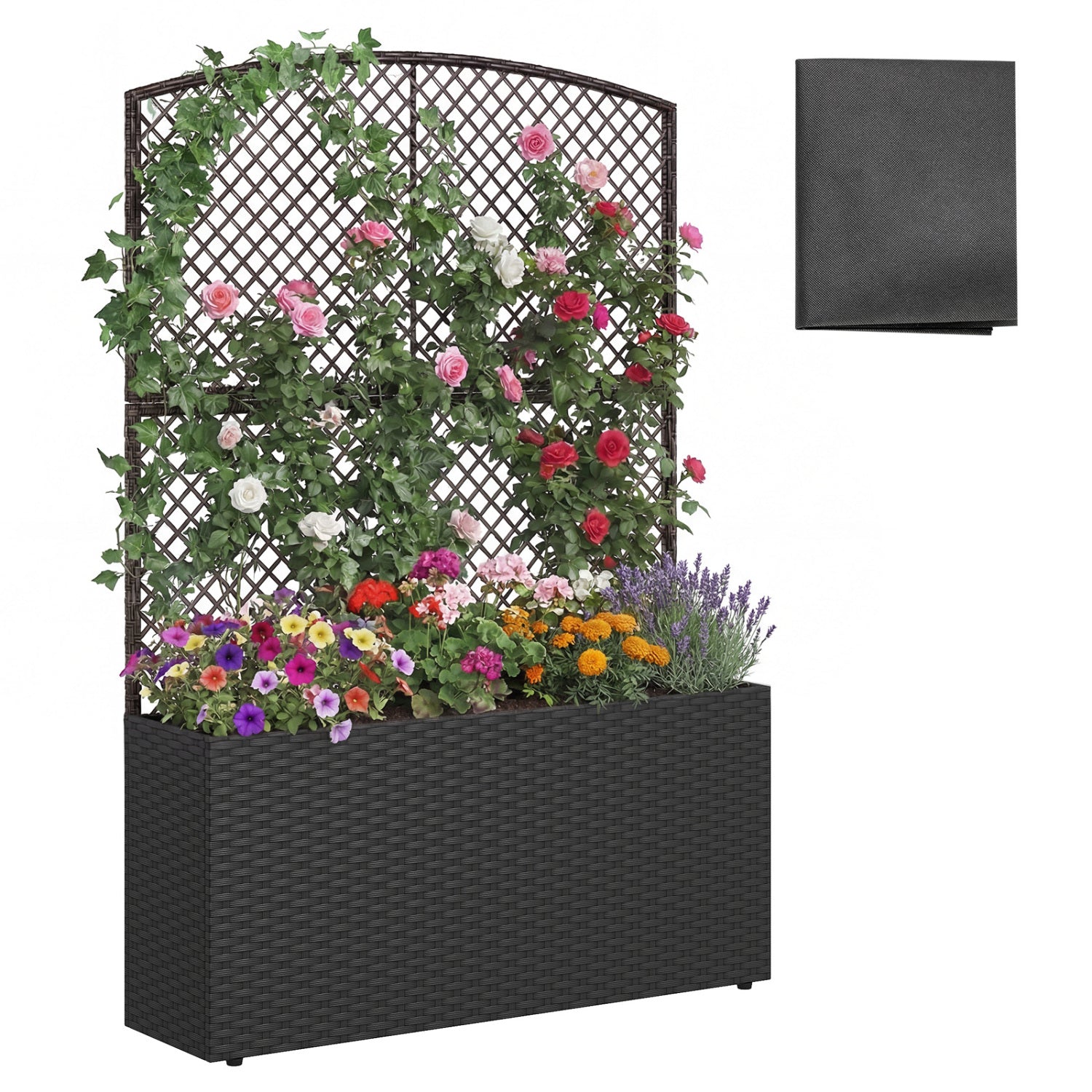 58 Inch Raised Garden Bed with Trellis and Wicker Planter Box-Black