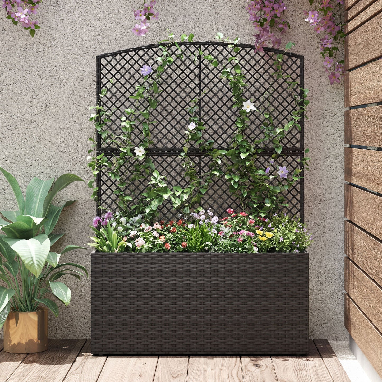 58 Inch Raised Garden Bed with Trellis and Wicker Planter Box-Black