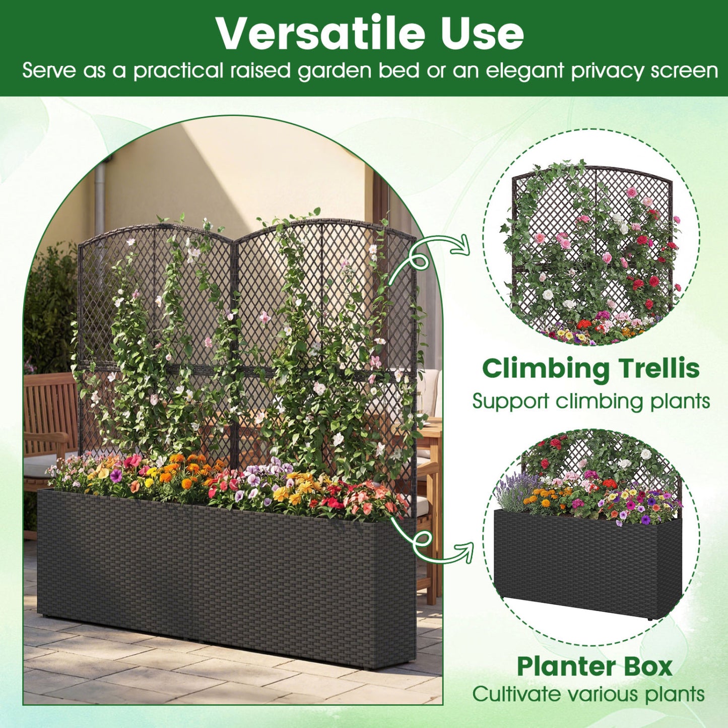 58 Inch Raised Garden Bed with Trellis and Wicker Planter Box-Black