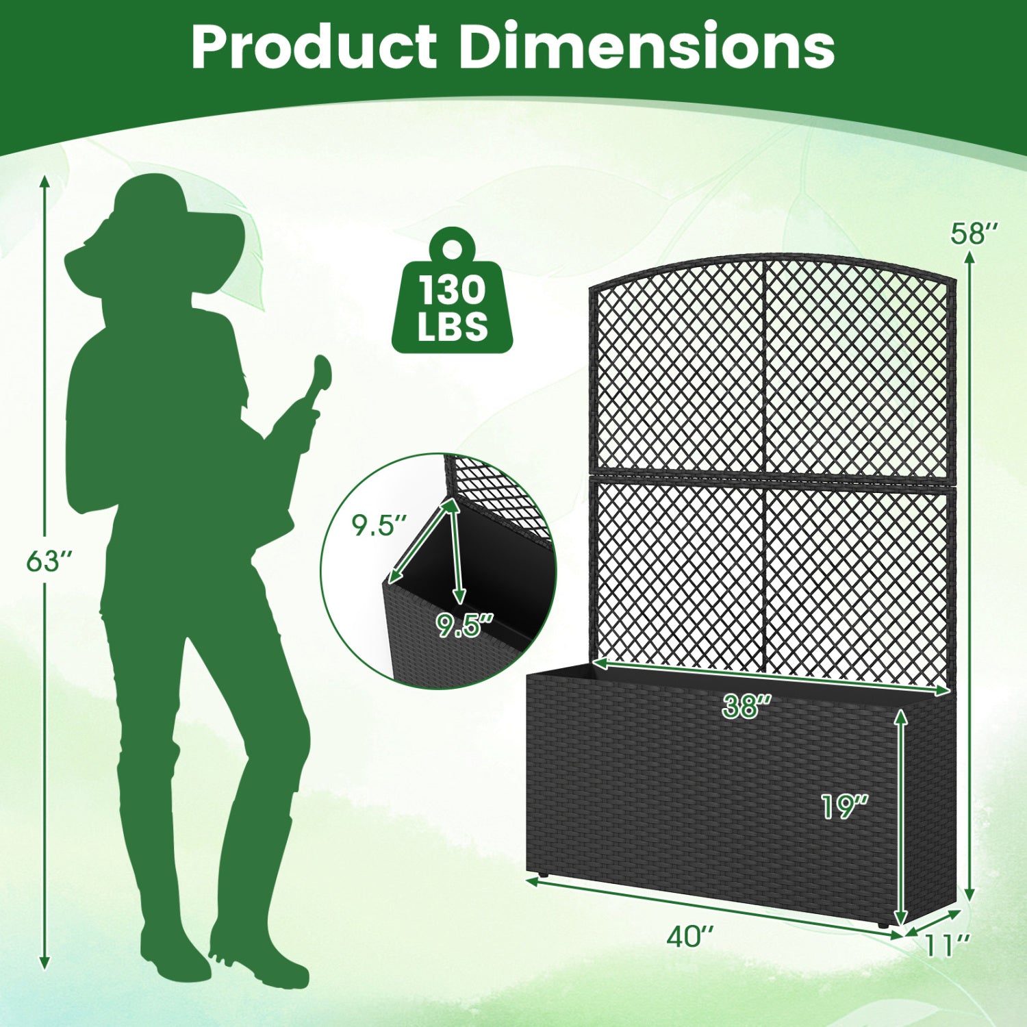 58 Inch Raised Garden Bed with Trellis and Wicker Planter Box-Black