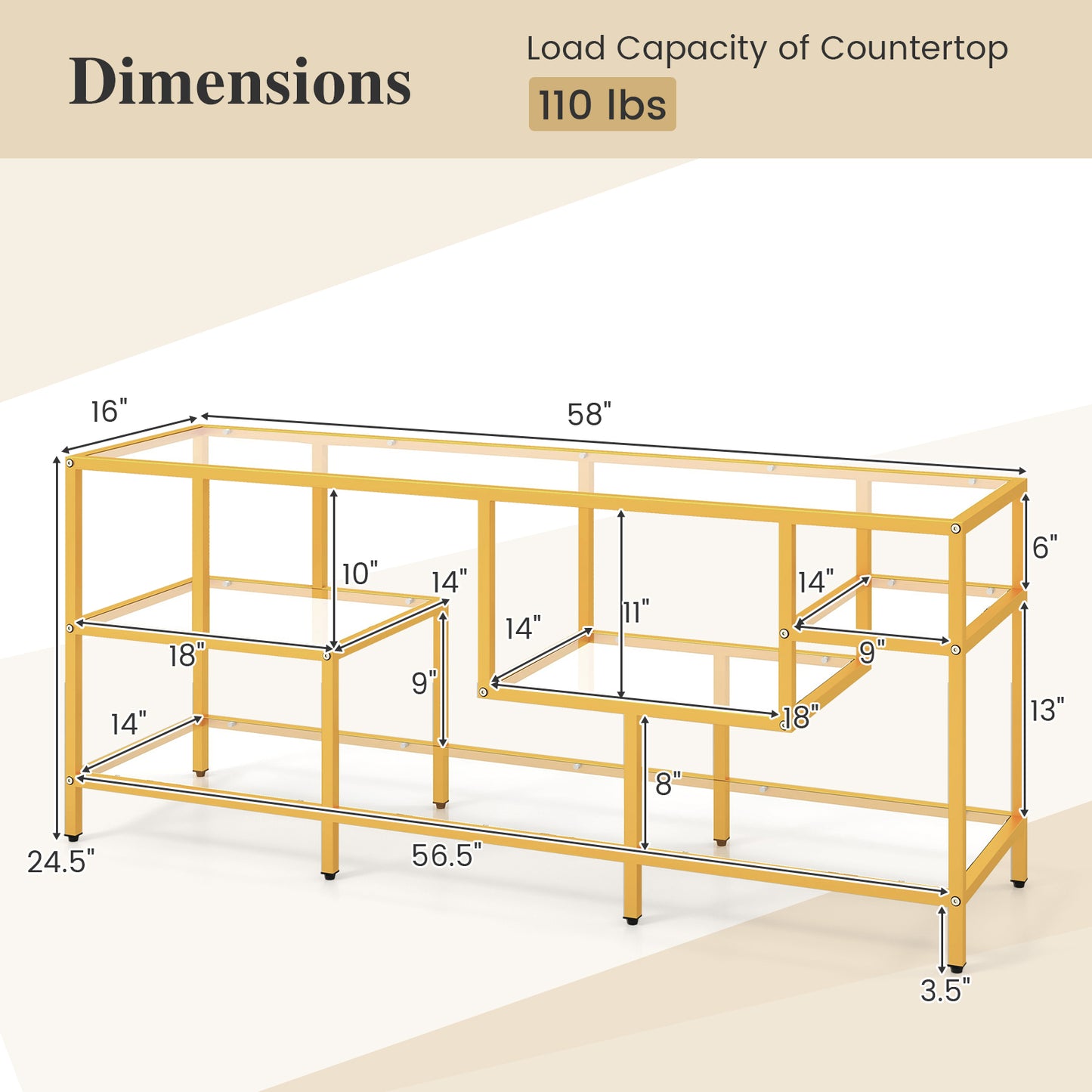 58 Inch TV Console Table with Tempered Glass Shelves for Living Room-Gold