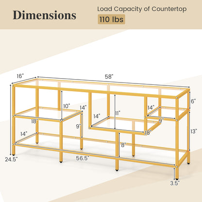 58 Inch TV Console Table with Tempered Glass Shelves for Living Room-Gold