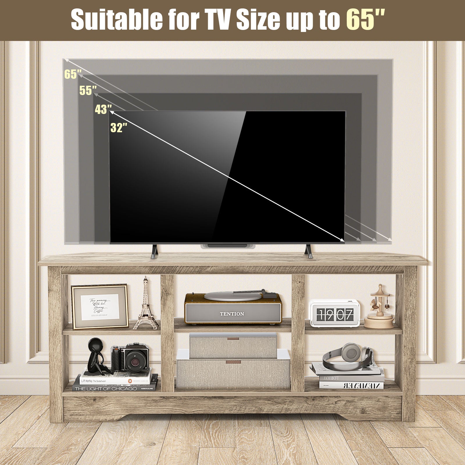 58 Inch TV Stand with 6 Open Storage Shelves for TVs up to 65 Inches-Gray