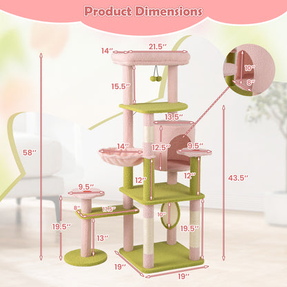 58 Inch Tall Multi-Level Cat Tree Aesthetic Floral Kitten Tower-Pink