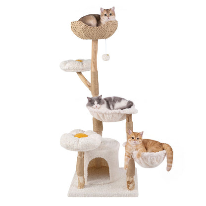 58 Inch Tall Solid Wood Cat Tree with 2 Flower Platforms and Hammocks-White