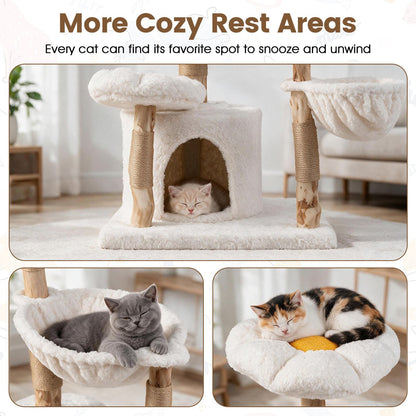58 Inch Tall Solid Wood Cat Tree with 2 Flower Platforms and Hammocks-White