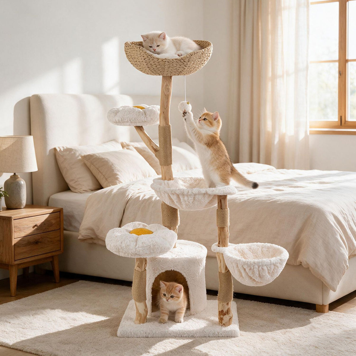 58 Inch Tall Solid Wood Cat Tree with 2 Flower Platforms and Hammocks-White