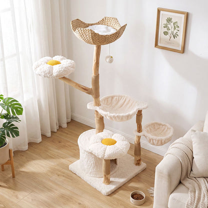58 Inch Tall Solid Wood Cat Tree with 2 Flower Platforms and Hammocks-White